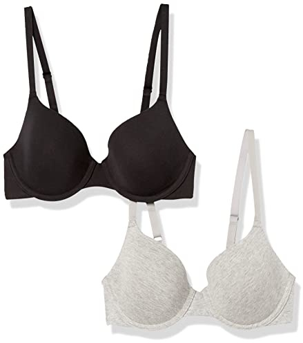 Amazon Essentials Women's Comfortable Underwire T-Shirt Bra, Pack of 2, Black/Grey Heather, 34C