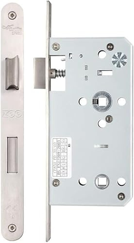 EuroArt DIN Bathroom Mortice Lock 78mm Centres with 55mm Backset Radius Faceplate in Satin Stainless Steel for WC and Privacy Doors Fixings Included
