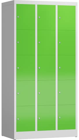 Lüllmann 15 Fächer Spind Schließfachschrank kompl. montiert und verschweißt Wertfachschrank Fächerschrank Spind Umkleideschrank (RAL 7035/6018 lichtgrau/gelbgrün)