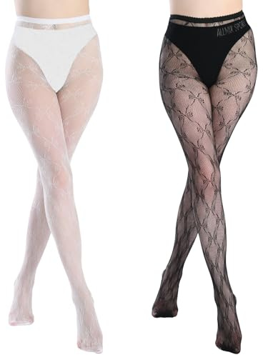 SERAPHY Collant Femme Fantaisie, Collants Bas Résille pour Femmes, Élastique Taille Haute Collant Fantaisie Femme Sexy-2 paires-noir+noeud blanc