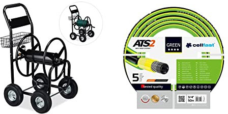 Relaxdays Schlauchwagen Metall, 4 Gummiräder, XL Schlauchtrommel, Kurbel, f. 60m Schlauch, HBT 114 x 64 x 90 cm, schwarz & Cellfast Gartenschlauch Green ATS2 50m, 3/4”, 15-121, grün