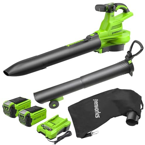 Greenworks 40V Cordless Leaf Blower Vac with Brushless Motor, 370km/h, 14.17m³/min, 45L Mulching Bag with Two Batteries & Charger, 3 Year Guarantee GD40BVII