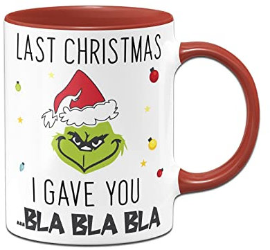 Tassenbrennerei Grinch Tasse mit Spruch: Last Christmas Bla Bla Bla - Weihnachtstasse lustig - Kaffeetasse als Grinch Deko (Rot)