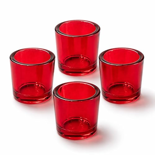 Värmeljusglas 6,5 x 6 cm av tjockväggigt glas set om 4 – runda värmeljushållare för värmeljus upp till 38 mm – ljusglas för små ljus och votivljus upp till Ø 4 cm – vindljus röd