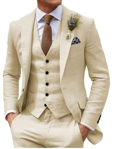 HUUTOE Costume 3 pièces en lin pour homme - Pour la plage, les mariages, les garçons d'honneur - Costume d'été décontracté - Blazer en lin - Gilet et pantalon de smoking, beige, XX-Large