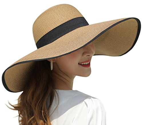 BABAHU Women Foldable Floppy Wide Brim Straw Sun Hat Summer Beach Hat UV UPF 50+