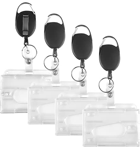 Relota 4 Pcs Porta Badge Retrattile, Portachiavi Retrattile con Trasparentes Porta Tessere e Moschettone, Portachiavi Estensibile, Retraibile Bobina Badge, Clip a Bobina per ID Portabiglietti