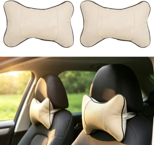 Vastsea 2 Stück PU Leder Nackenkissen, Auto Nackenkissen Hals, Autositz Kopfstütze Kissen, für Autositz Kopfstütze (Off-White)