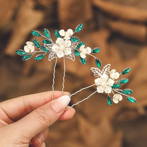 IYOU Mariage Fleur Épingles à Cheveux Cristal Vert Pièce à Cheveux Feuilles Promo Demoiselle D'honneur Mariage Accessoires de Cheveux pour Femmes et Filles(2 Pièces)