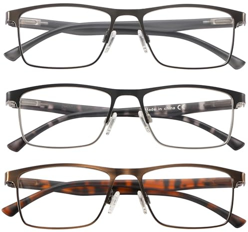 acavefox 3 Pack Reading Glasses Men Readers Blue Light Blocking Anti-UV Metal Front Frame And Spring Hinge With Accurate Magnification Eyeglasses 2.0+