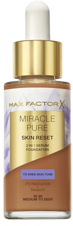 Max Factor Miracle Pure Skin Reset Foundation, 2-in-1 Serum und flüssige Foundation, natürliche Deckkraft mit mattem Finish, Reset-Komplex, Fb. 85-90 Medium to Deep