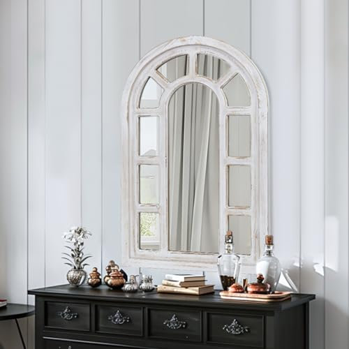 SeekElegant Espejo de ventana arqueado, espejo de ventana de granja, decoración de pared, marco de madera, espejo de pared decorativo para sala de estar, entrada (blanco, 20 x 31 pulgadas)