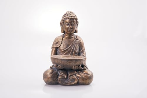 hausleben Eleganter Sitzender Buddha mit Vogelbad – Goldene Magnesia-Figur 28,5×19×40 cm | Hochwertige Gartenfigur & Wohn-Deko | Vielseitige Schale als Vogelbad, Kerzenhalter oder Deko-Element