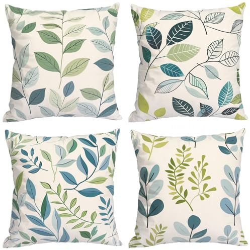Kissenbezug 35x35cm 4er Set Outdoor Kissen Dekokissen Leinen Kissenhülle Grün-Blaue Blätter Kissenbezüge für Sofa Wohnzimmer Zierkissen
