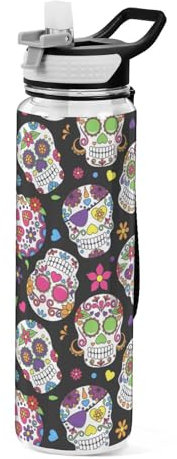Mnsruu Transparente Sport-Wasserflasche mit Strohhalm, auslaufsichere Trinkflasche, Tag der Toten, Zuckerschädel, Halloween, Fahrradflaschen für Sport, Büro, Schule, BPA-freier Tritan-Kunststoff, 1