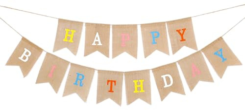 iCovalescent Happy Birthday Girlande, Vintage Leinen Banner für Babydusche, Party DIY Dekoration