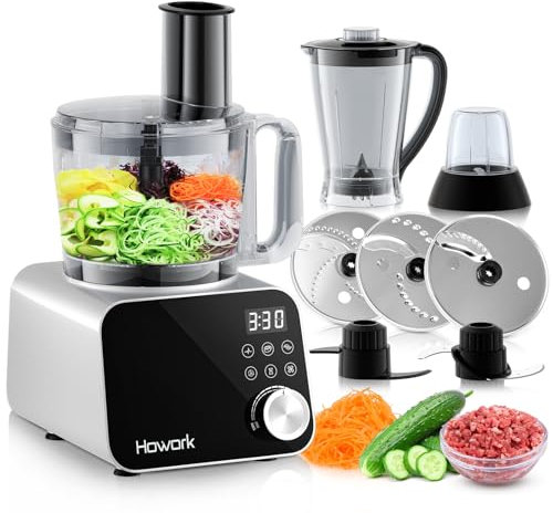 Howork Robot da Cucina multifunzione 1500W, Multifunzione di Grande Capacità, Per Tritare, Affettare, Sminuzzare, Tritare, Frullare, Sminuzzare,Farcire e Impastare, Acciaio Inox Argenteo