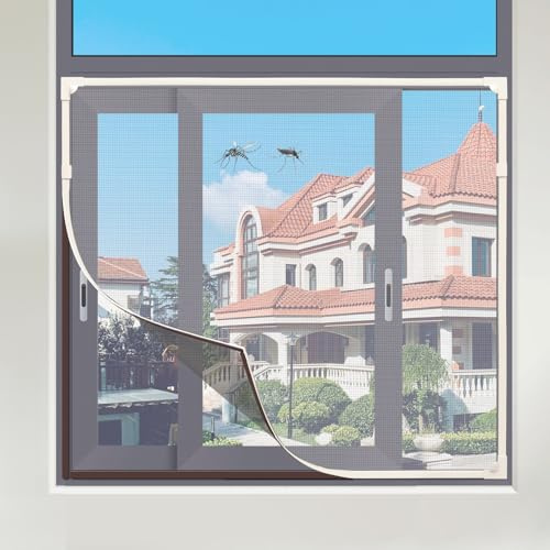 Magnetic Window Screen, DIY Window Screen for House Adjustable Fiberglass Mesh White Frame Grey Net Self Adhesive Easy Installation (32x23(81x58cm))