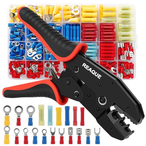 REAQUE Pinza crimpatrice con set di 365 capicorda con connettore, pinza crimpatrice per 0,5 – 6 mm², connettori elettrici, assortimento per capicorda isolati