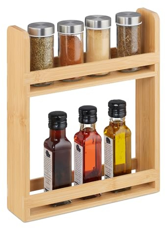 Relaxdays Gewürzregal, Bambus, HxBxT: 30,5 x 25,5 x 6,5 cm, 2 Etagen, Gewürzaufbewahrung stehend, Gewürzständer, Natur