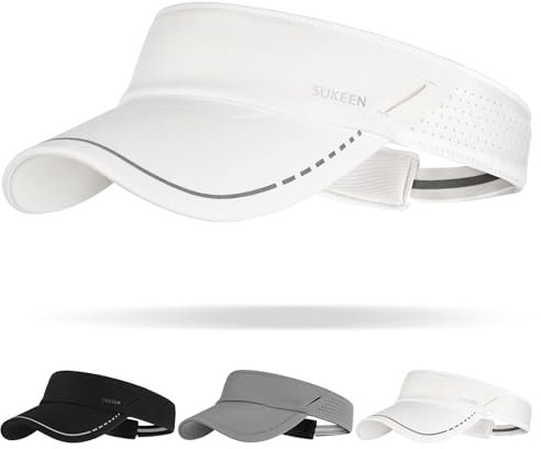 Sukeen Sports Sun Visor Men Women, Reflective Running Visor, Lightweight Adjustable Visor Hat for Golf Tennis, Sunglass Slots, White, One size