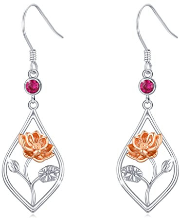 Juli Geburtsstein Ohrringe Sterling Silber Geburt Blume Ohrringe Lotus baumeln Ohrhänger Rubin Tropfen Blume Geburtsstein Schmuck für Frauen Geburtstag Halloween Weihnachten Geschenke