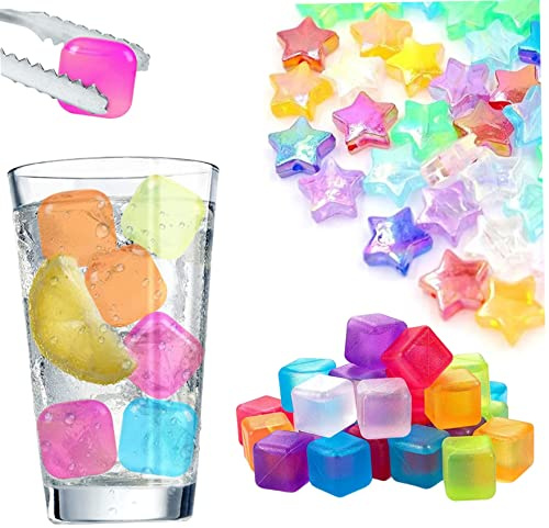 40 cubitos de hielo reutilizables para bebidas coloridos de TPU de grado alimenticio sin BPA artificiales con clip de metal (20 moldes de estrellas + 20 moldes cuadrados).