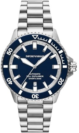 Emporio Armani Orologio da uomo, automatico a tre lancette data e 42 mm dimensione cassa con cinturino in acciaio inossidabile o silicone, Argento opaco, 42MM, Bracciale
