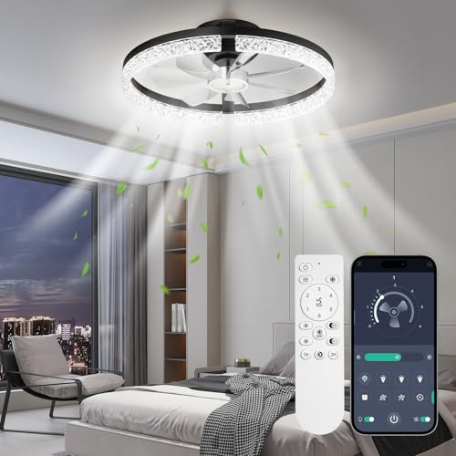 StarryEver Ceiling Fans with Lights and Remote, 46 cm Modern Smart Ceiling Fan, 6 Speeds and 3000K-6500K Dimmable LED Fan Light, Low Profile Ceiling Fan for Bedroom, Living Room, Dining Room, Black