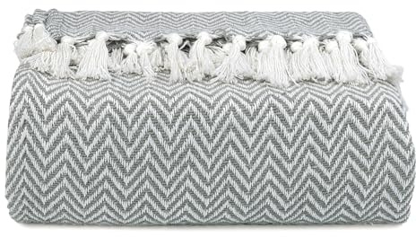 EHC Chevron Throw Blanket, Handwoven Cotton Throws for Sofas Bed Sofa Settee Couch Reversible Bed Cover Over Bedspread, Single 127 x 152 cm, Grey