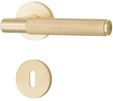 QRS - SORIA Türgriffe Innentüren - Türklinken Innen - aus Aluminium, für Tür 38-45 mm, Türdrückergarnitur, Drückergarnitur Zimmertür, Türbeschlag, Türdrücker - mit Rosette Rund BB, Gold Matt