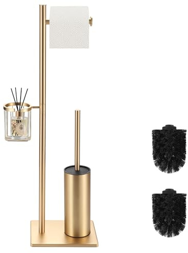 DAZI Klobürste mit Toilettenpapierhalter Set und praktischem Aufbewahrungskorb,WC-Bürste freistehend Edelstahl,3-in-1 Wc-Garnitur im minimalistischen und platzsparenden Design (Gebürstetes Hellgold)