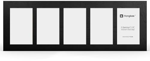 Hongkee 4x6 Oak Wood Picture Frame Collage, Real Glass and Solid Wooden Frames, Display 5 4x6 Picture Frame - Horizontal or Vertical Wall Mounting(1Pack, Black)