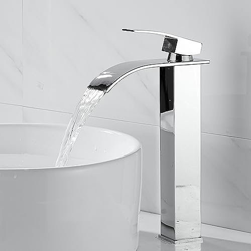 Rubinetto per lavabo a cascata nero per bagno, maniglia singola, 1 foro, miscelatore caldo e freddo, design corto (cromato alto), rubinetto moderno per lavabo per arredamento elegante