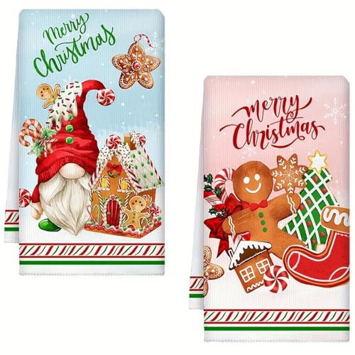 QITHGYD 2 Stück 45x66 cm Geschirrtücher Weihnachten, geschirrtuch Weihnachten, Saugfähig und Schnell Trocknende, Weihnachtsdeko mit Lebkuchen & Wichtel Dekorative Geschirrtücher Spülmaschinengeeignet