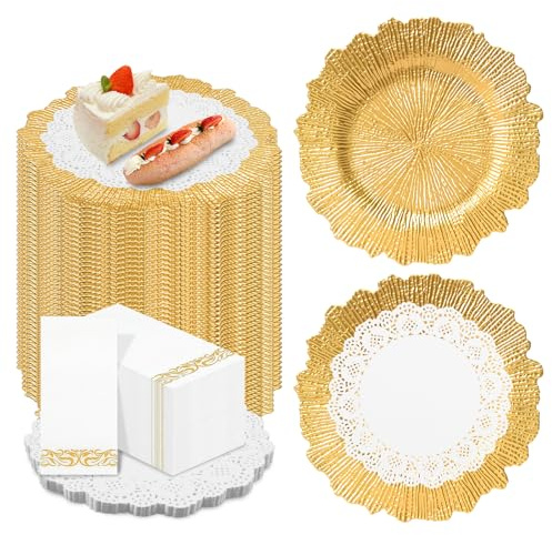PROY 350 Pcs Charger Plates Set Bulk, 100 Pcs 13'' Gold Reef Charger Plates 100 Disposable Napkins 150 Oil Absorbing Paper Dinner Chargers Set For Dinner Wedding Party Decoration