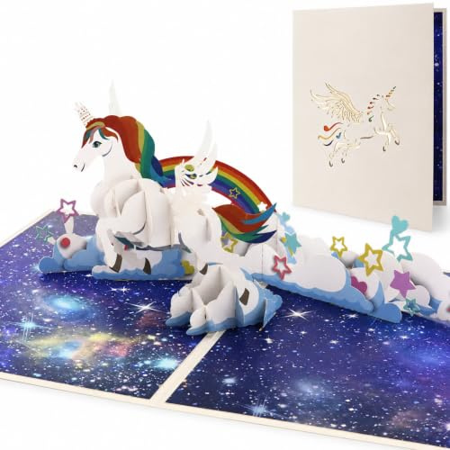 DORAFIORA® Pop-Up Karte Pegasus – 3D Klappkarte mit Regenbogen & Sternen | Magische Geburtstagskarte für Kinder & Erwachsene | Fantasievolle Grußkarte inkl. Umschlag