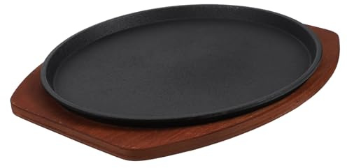 Amosfun Cast Iron Sizzling Plate 27cm Round with Wooden Base – Even Heat Distribution for Perfect Steak Searing, High-Temperature Resistant for Home Barbecue, Outdoor Grilling, Steak Serving for Dinne