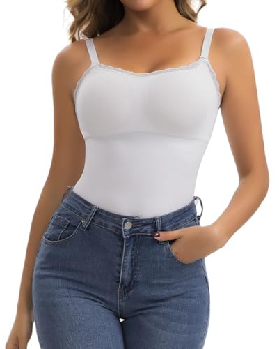 Joyshaper Damen BH Unterhemd mit Spitze Shapewear Hemden Bauchweg Gepolsterte Trägertop Nahtlos Body Shaper Kompression Tank Top, Weiß, L