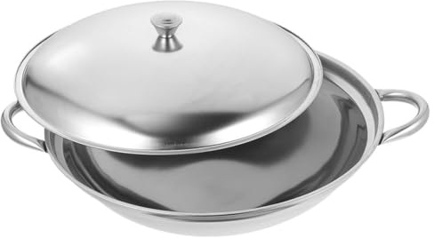 MALUGOGO Olla de cocina de acero inoxidable con tapa de 28,9 cm, olla caliente de doble asa, wok de metal para el hogar, cocina, cocina, sartén de verduras
