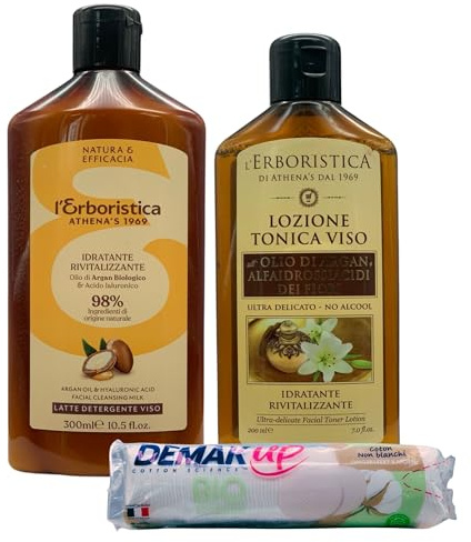 SET PER LA DETERSIONE DEL VISO IDRATANTE RIVITALIZZANTE: Latte Detergente 300ml + Lozione Tonica, Olio Di Argan e Alfaidrossiacidi Dei Fiori 200ml + Confezione Da 85 Dischetti Levatrucco Bio