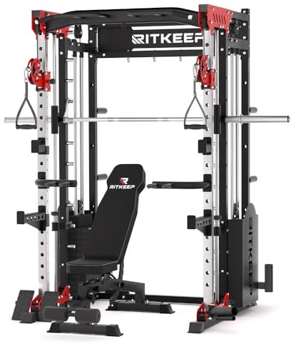 RitKeep PMAX-5600 Smith-Maschine Multipresse mit 150 kg Gewichtsblöcken | 6-in-1 Heavy-Duty Power Rack mit Latzugsystem, 1000 kg Tragkraft und 10+ Zubehörteilen für Krafttraining