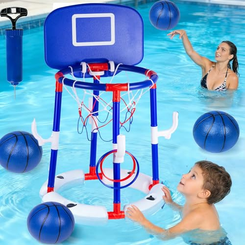 YQXTOOEL Floating Pool Basketball Hoop with Backboard, 2-in-1 Basketball & Ring Toss Game with 4 Balls, 6 Rings&Pump, Summer Pool Toys Outdoor Water Fun Family Party for Age 3-12