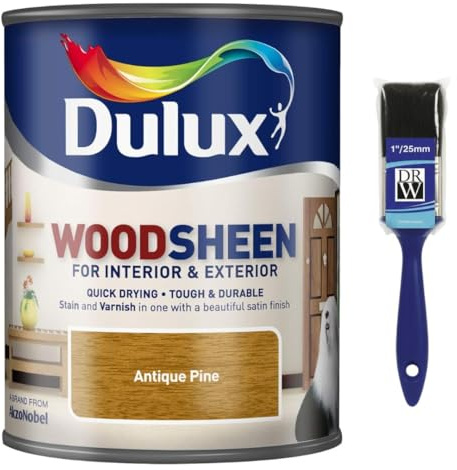 Antique Pine Woodsheen Stain and Varnish 750ml +1 Brush | Interior Wood Stain and Varnish | Satin Finish for Doors Skirting Furniture and Trim | Quick Dry Wood Protection
