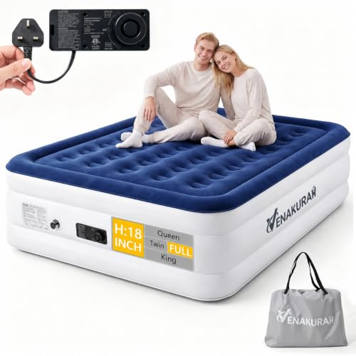 VENAKURAH Colchón de aire doble premium con bomba integrada, cama inflable de 46 cm de altura para invitados y camping, autollenado rápido en 3 minutos, superficie de flocado suave, PVC a prueba de
