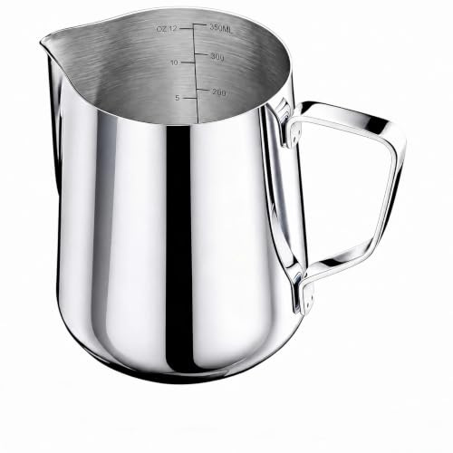 Edelstahl Milchkännchen, 350ml/12oz Milchaufschäumer Kanne, Milchkanne Edelstahl Milchkanne Barista mit Skala, Espressokännchen, Milk Jug für Espresso, Cappuccino, Latte, mit Latte Art Stifte