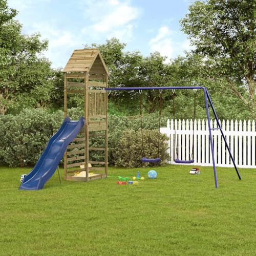 Kaloriko Spielturm aus imprägniertem Kiefernholz mit Wellenrutsche Doppelschaukel und Sandkasten für Kinderspielplatz im Garten, wetterfestes Klettergerüst mit stabilem Gestell für draußen