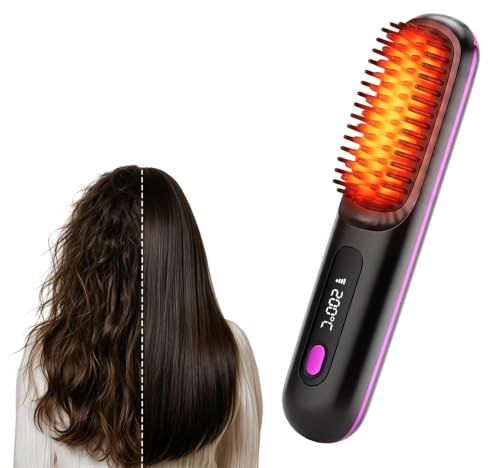 Go Brush Pro UK, Cordless Hair Straightener Brush, Portable Straightener Brush with Ionic Technology, USB Rechargeable for Travel, 3 Heat Settings & LED Screen, MCH Ceramic Heating for Smooth