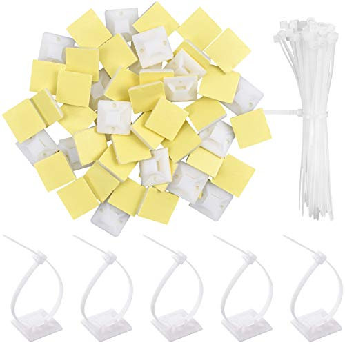 HQdeal 50 Pezzi Autoadesivo Clip Cavo Fermacavi Support Base per Fascette Stringicavo 20mmx20mm con Fascette Plastica per Cablaggio, Fascette Elettricista in Nylon Multiuso 100mmx3mm, Bianco