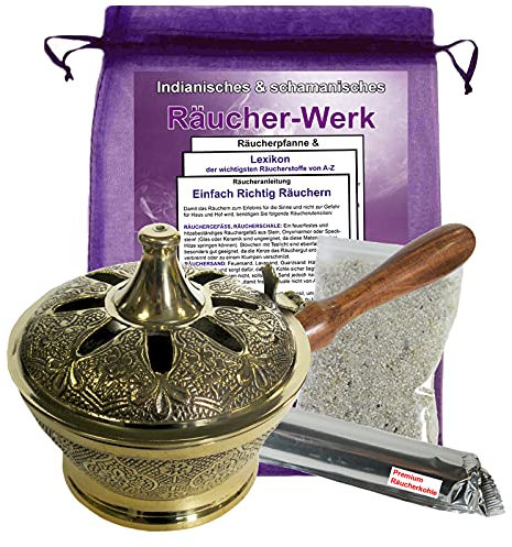 RÄUCHERPFANNE & WEIHRAUCHBRENNER 23cm Messing 7-TLG Set zum AUSRÄUCHERN für Räucherwerk, Räuchergefäß, Räucherschale, Räucherstövchen & Räucherstäbchenhalter in EINEM mit ZUBEHÖR. 3161C-1